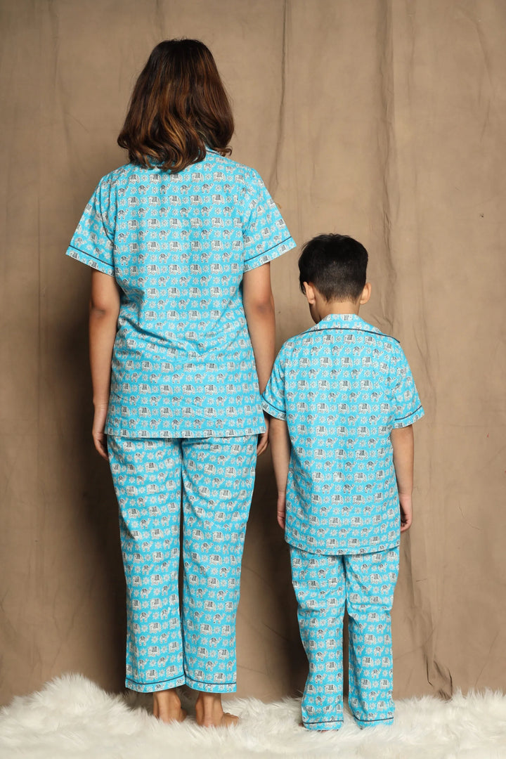 Blue Printed Night Suit matching Set For Mom And Son