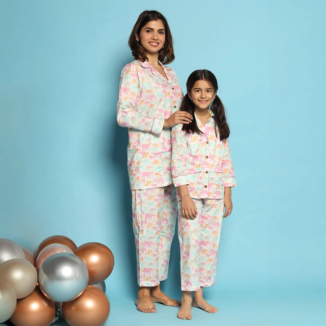 White Elephant Print Matching Night Suit Set For Mom, Daughter And Son