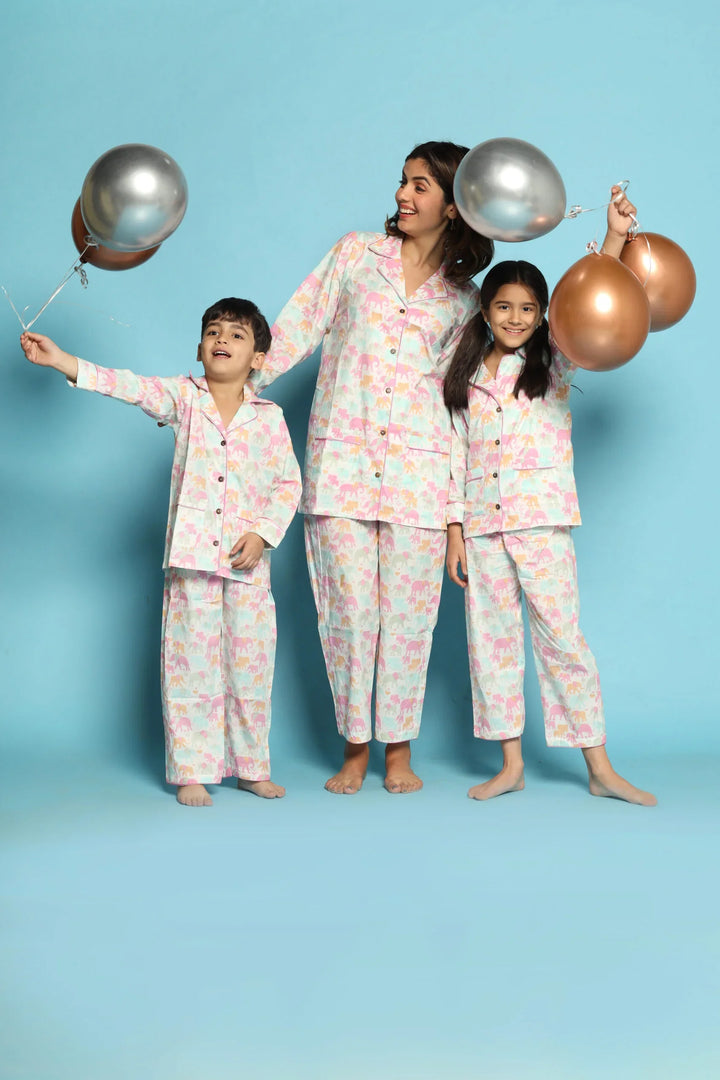 White Elephant Print Matching Night Suit Set For Mom, Daughter And Son