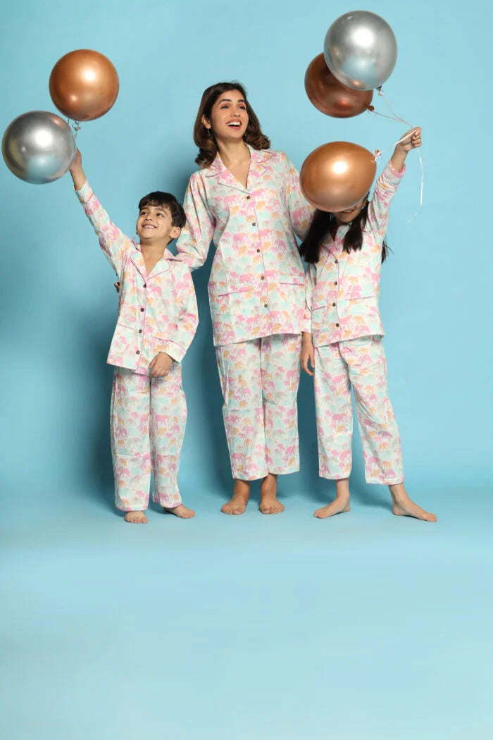 White Elephant Print Matching Night Suit Set For Mom, Daughter And Son