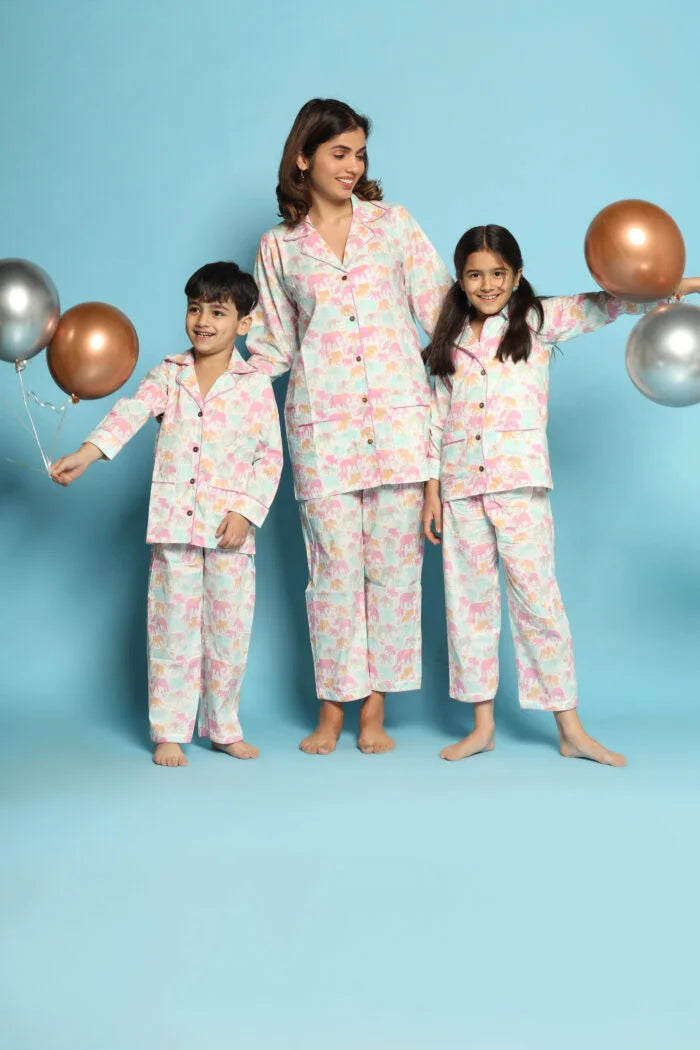 White Elephant Print Matching Night Suit Set For Mom, Daughter And Son