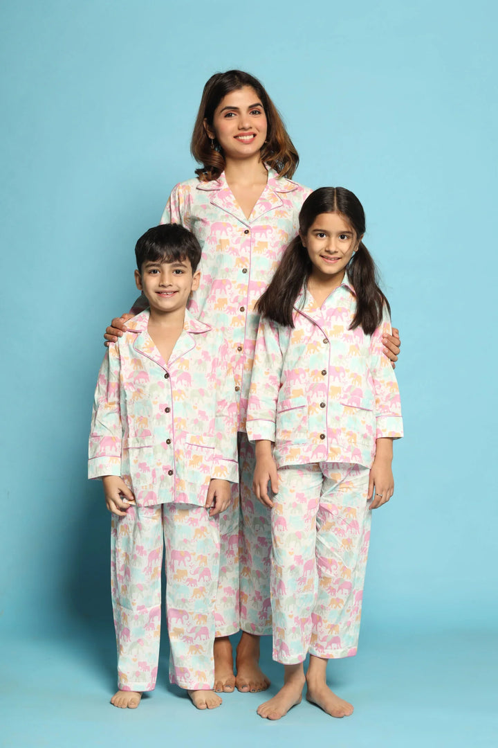 White Elephant Print Matching Night Suit Set For Mom, Daughter And Son