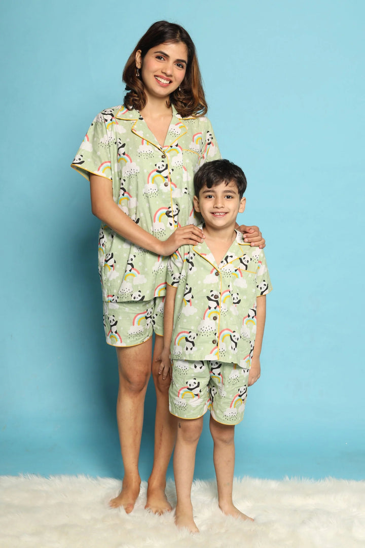 Sea Green Matching Night Suit For Mom and Son