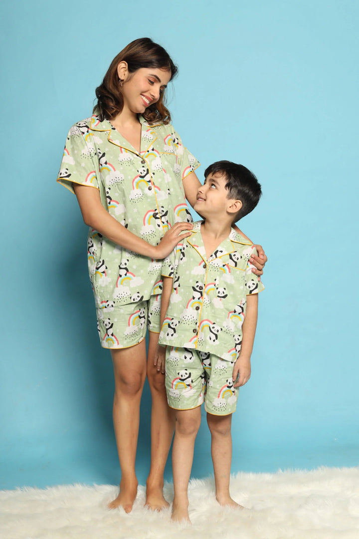 Sea Green Matching Night Suit For Mom and Son