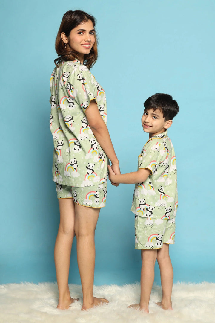 Sea Green Matching Night Suit For Mom and Son