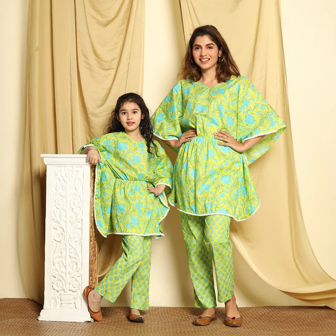 Mom Daughter Duo Blue and Green Printed Kaftan Set with Pants