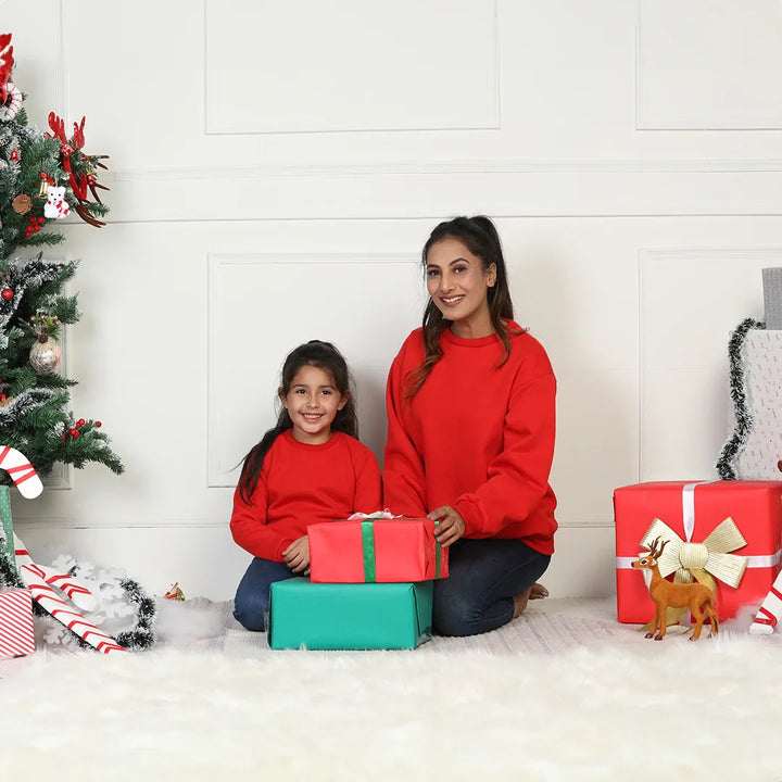 Cozy Red Matching Mom and Daughter Sweatshirt Set – Twinning in Style