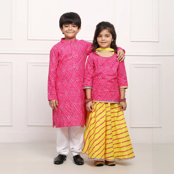 Fuchsia Jaipuri Kurta and Yellow Bandhani Lehenga Set - Brother and Sister Twin Outfits