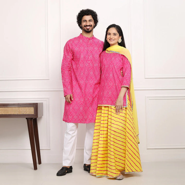 Fuchsia Jaipuri Kurta and Yellow Bandhani Lehenga Couple Set