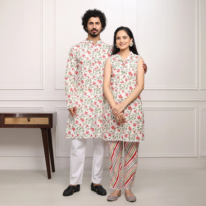 White and Multifloral  Collared  Suit With Matching Kurta Pyjama Couple Set