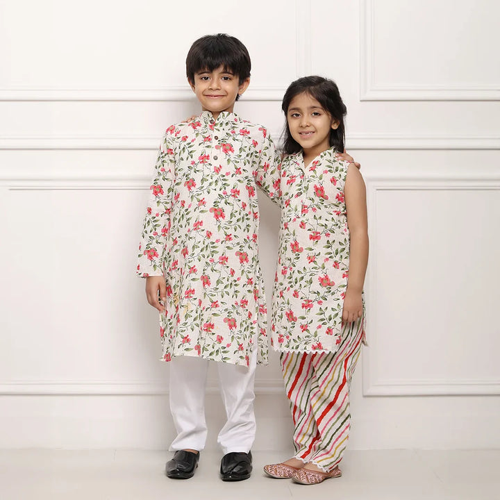White and Multifloral Collared Suit with Matching Kurta Pyjama Twin Set for Brother and Sister