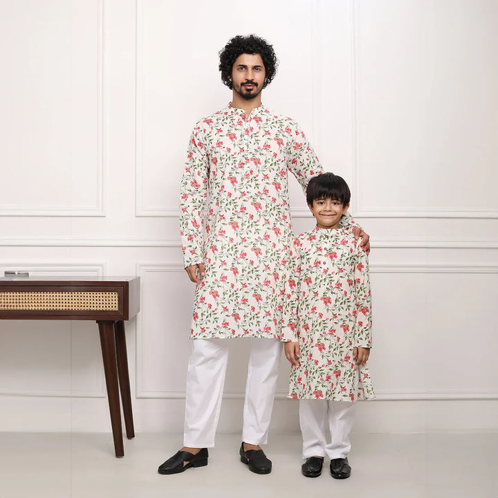 White Multi Floral Kurta With White Pyjama  Father & Son Twin Set
