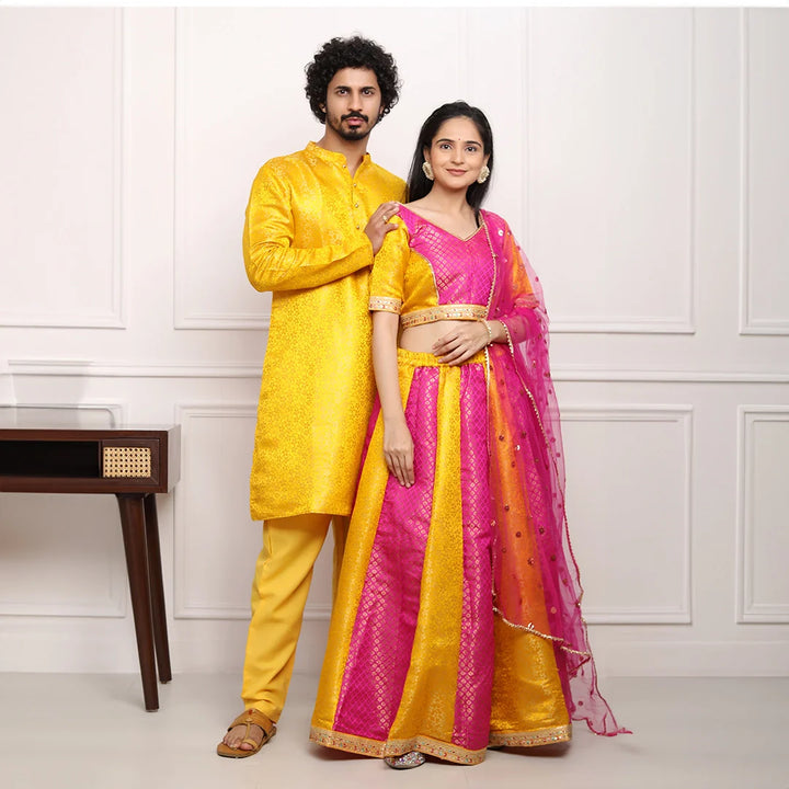 Fuchsia and Amber Brocade Lehenga Choli with Matching Kurta Pyjama Couple Set