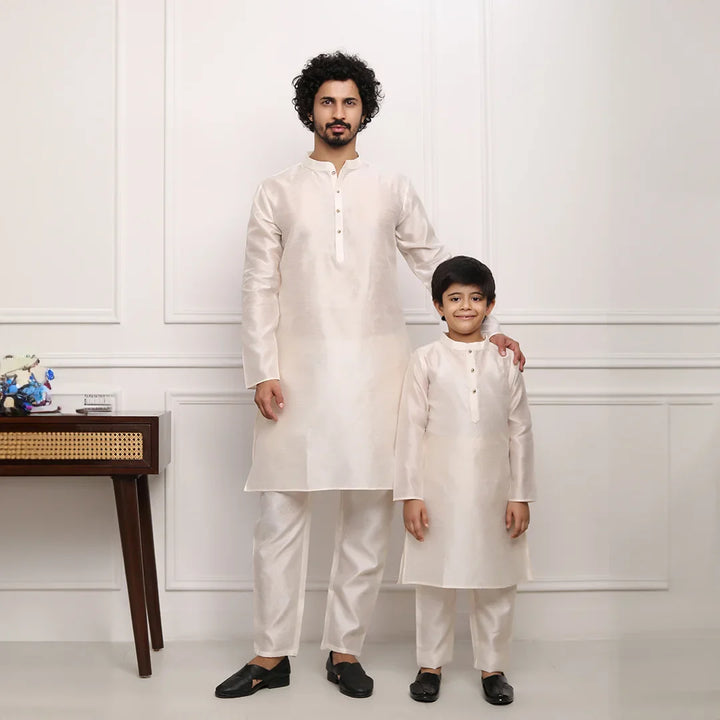 Exquisite  Ivory Silk Kurta Pyjama For Father And Son