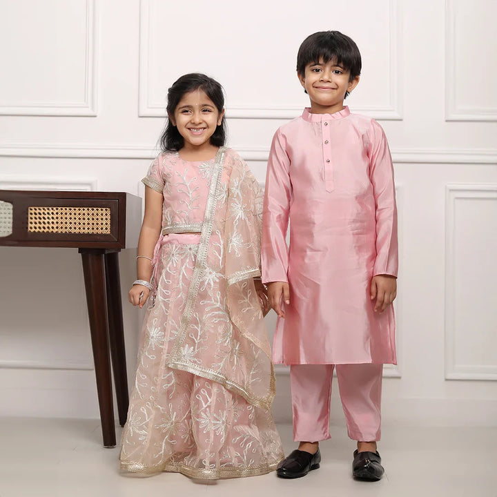 Peach Gota Patti Lehenga Choli with Matching Kurta Pyjama Twin Set