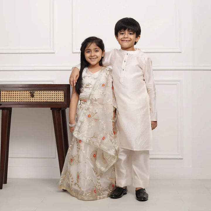 Sibling Style: Ivory Gota Patti Lehenga Choli with Matching Kurta Pyjama