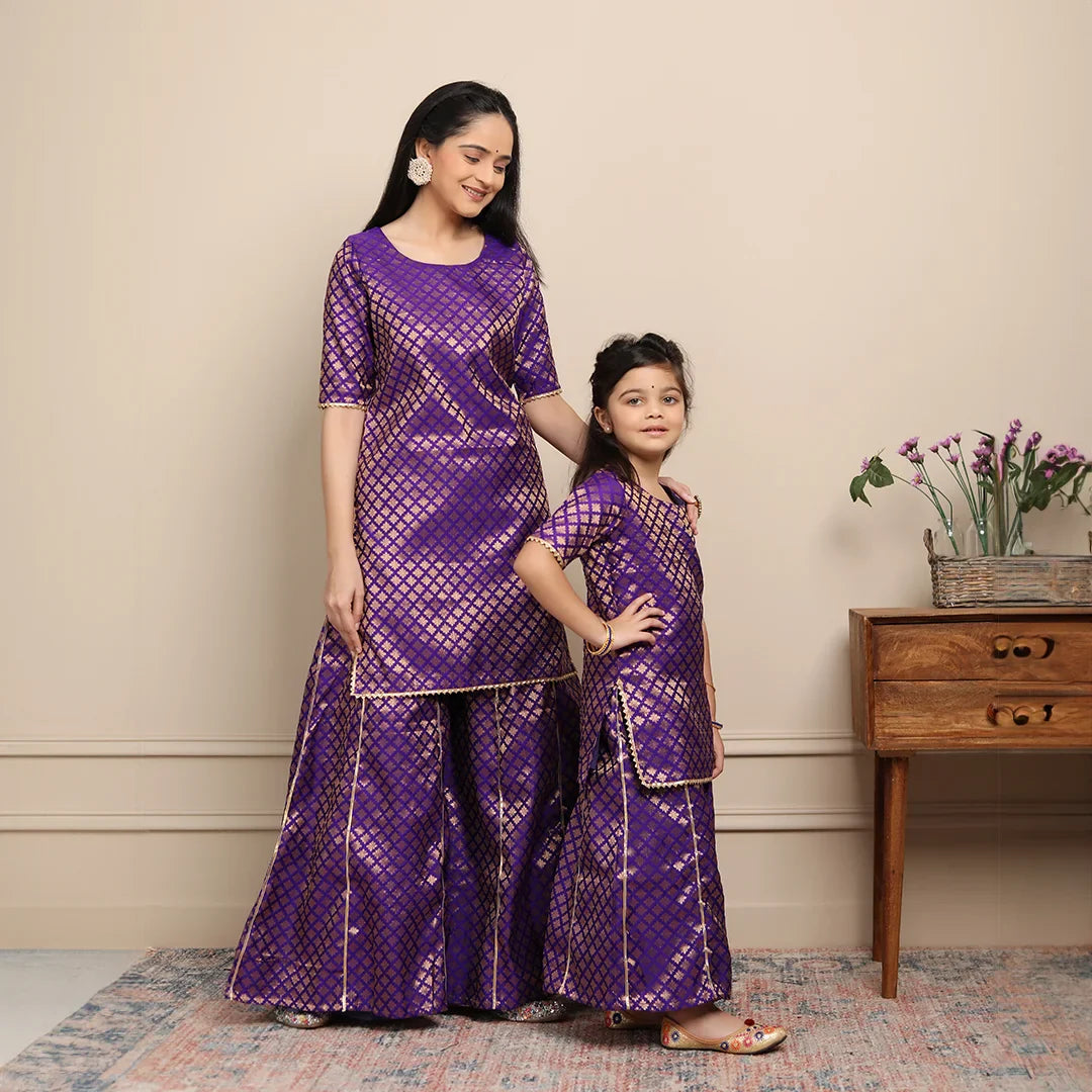 Elegant Purple Brocade Suits for Mom and Daughter
