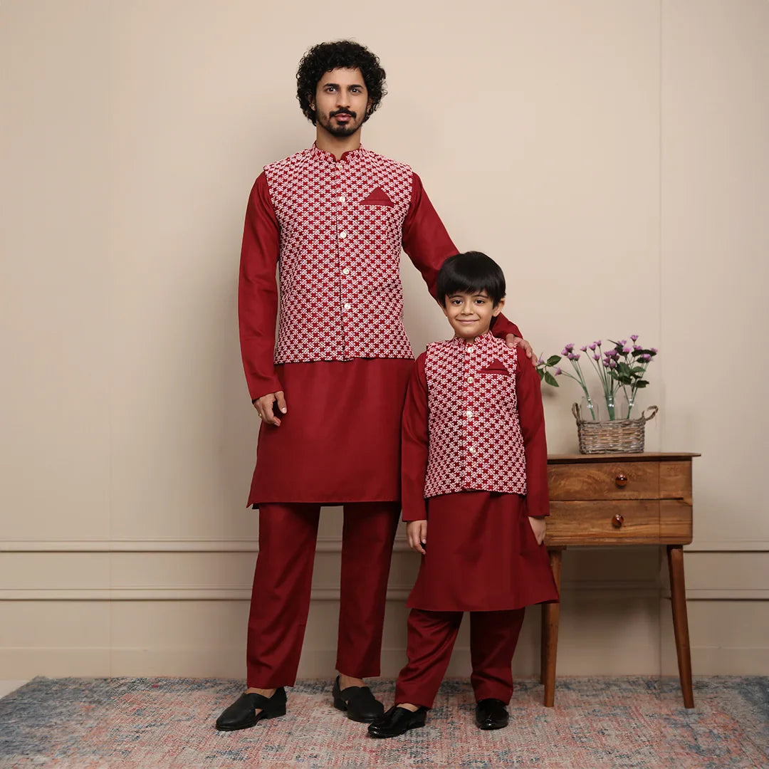 Maroon Kurta Pyjama With Embroidered Jacket Father & Son Twin Set