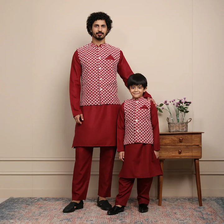 Maroon Kurta Pyjama With Embroidered Jacket Father & Son Twin Set