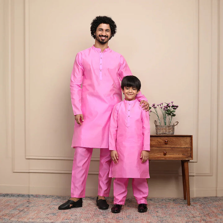 Ethnic Rouge Silk Kurta Pyjama Father & Son Set