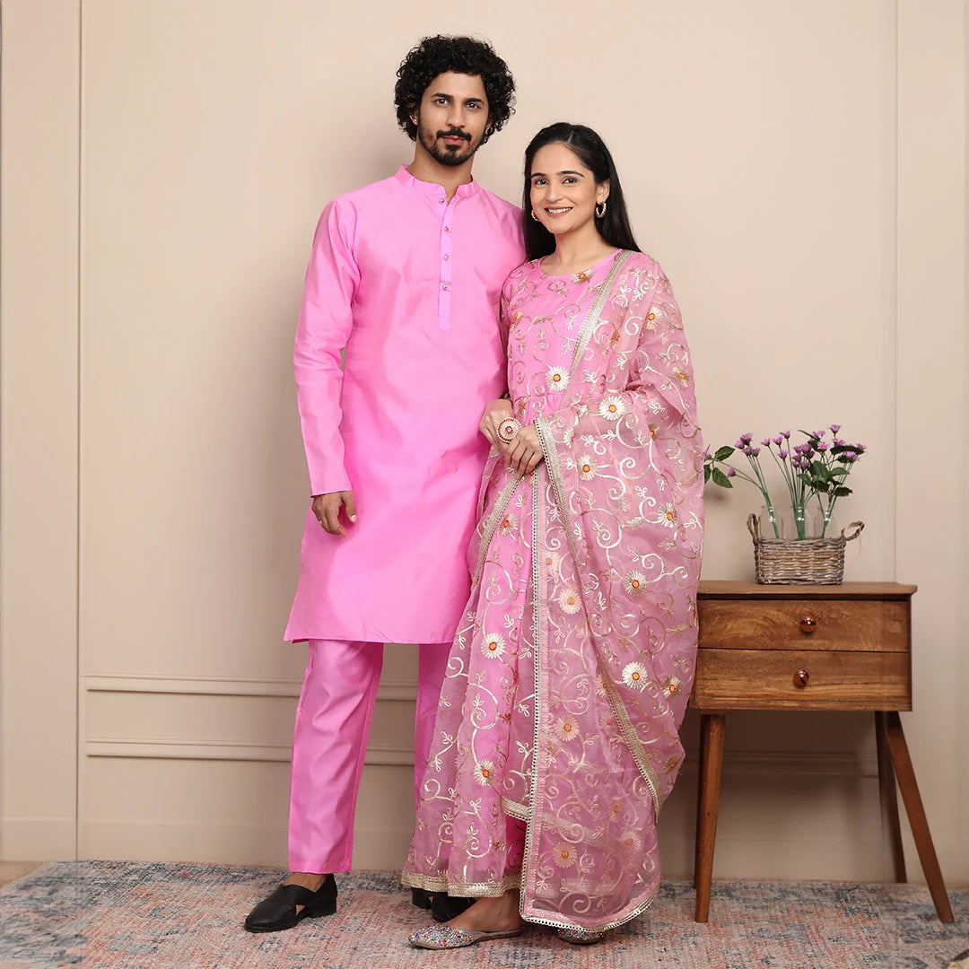 Elegant Ethnic Couple Set: Rouge & Silver Gota Patti Gown with Kurta Pyjama