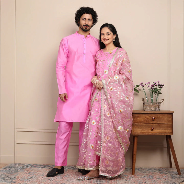 Elegant Ethnic Couple Set: Rouge & Silver Gota Patti Gown with Kurta Pyjama