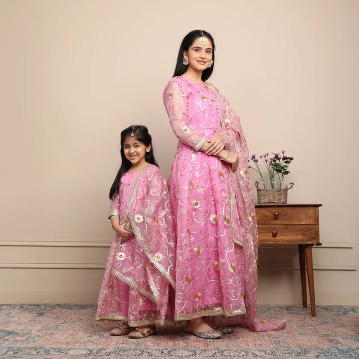 Elegant Ethnic Rouge & Silver Gota Patti Mom-Daughter Gown Set