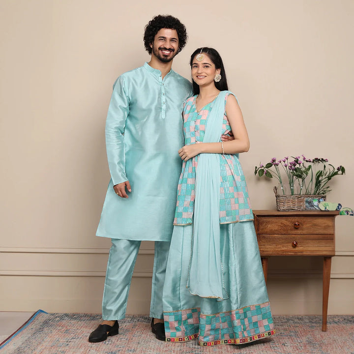 Aqua Blue Lehenga and Peplum Top Twin Set with Matching Kurta Pyjama Couple Set