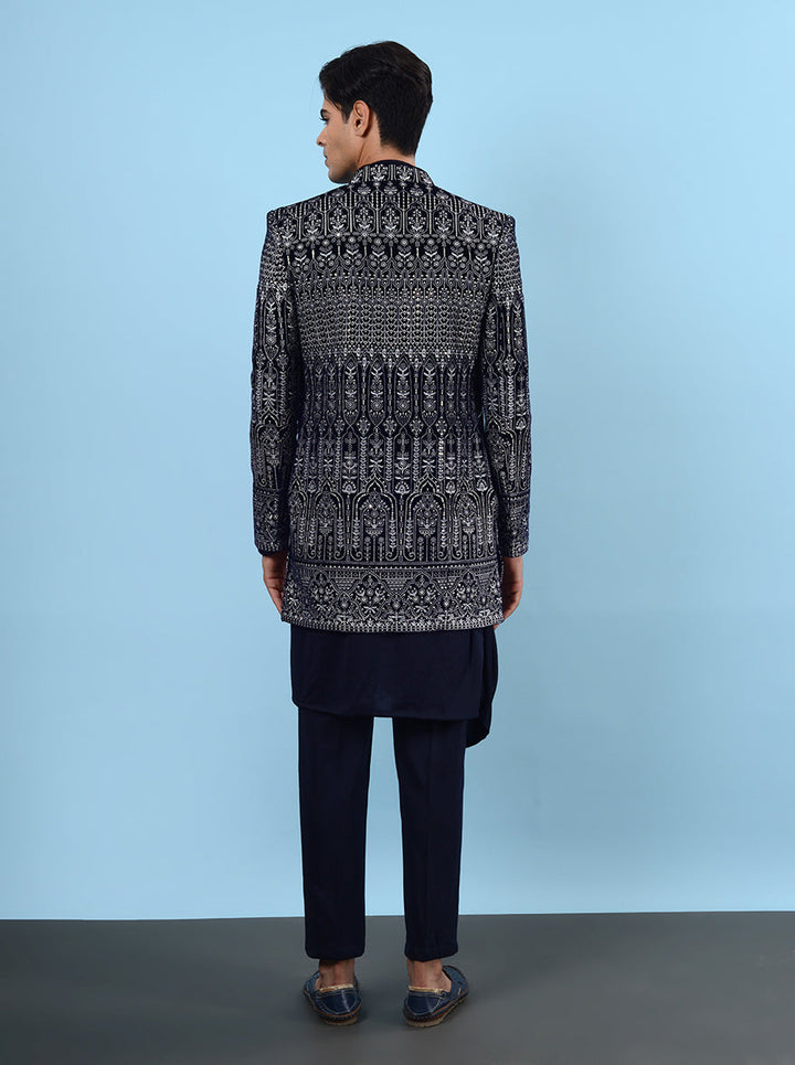 Stylish navy & white ethnic wear, mandarin collar and straight cut