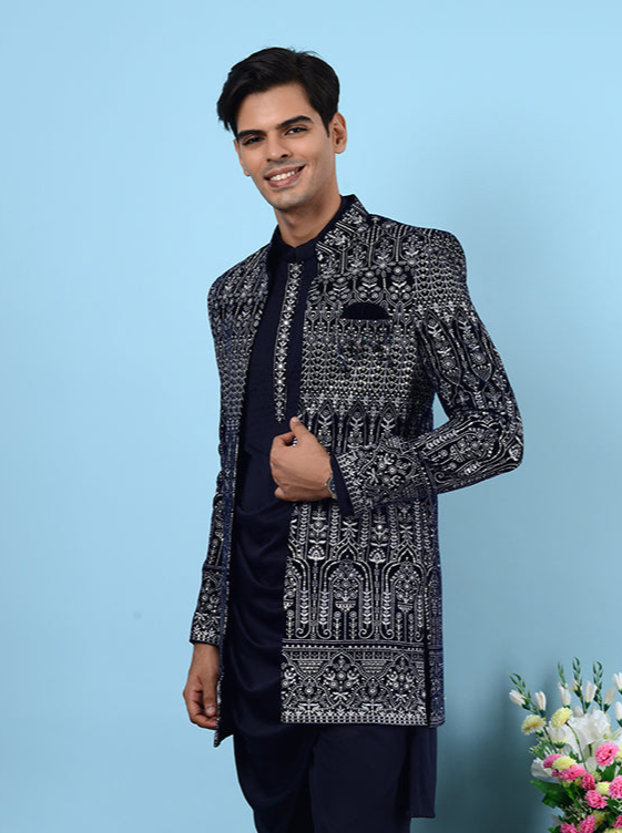 Navy & White Velvet Stretch Embroidered Indowestern | Regular Fit & Full Sleeve