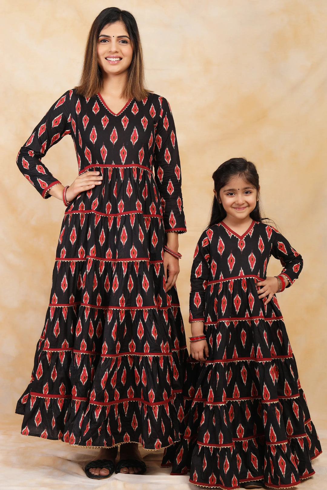 Ikkat Printed Gown Set in Black and Red for Mother and Daughter Twin