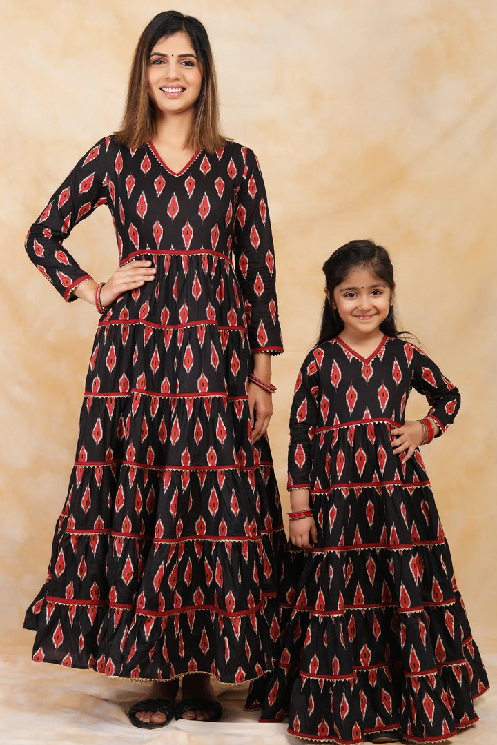 Ikkat Printed Gown Set in Black and Red for Mother and Daughter Twin