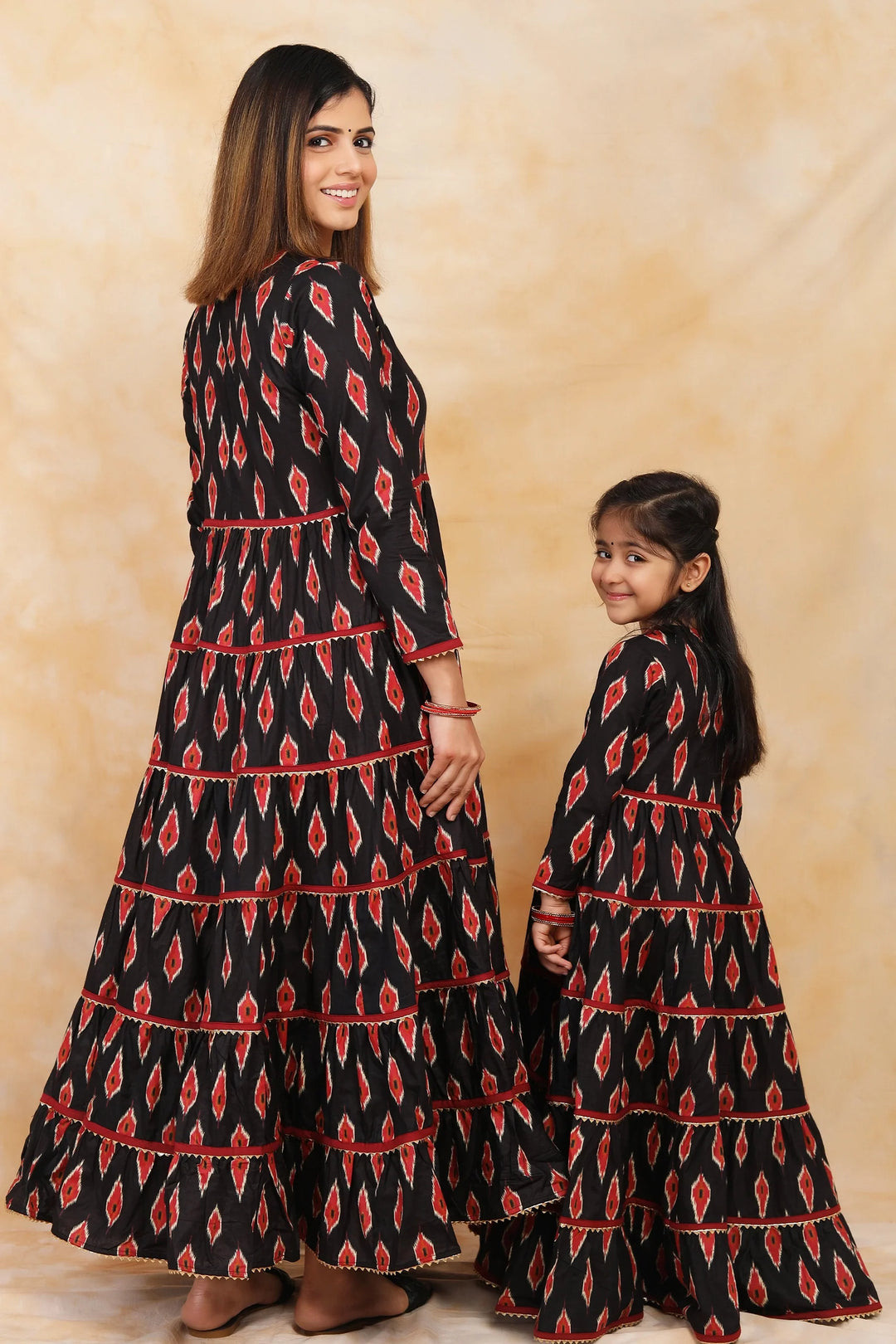 Ikkat Printed Gown Set in Black and Red for Mother and Daughter Twin