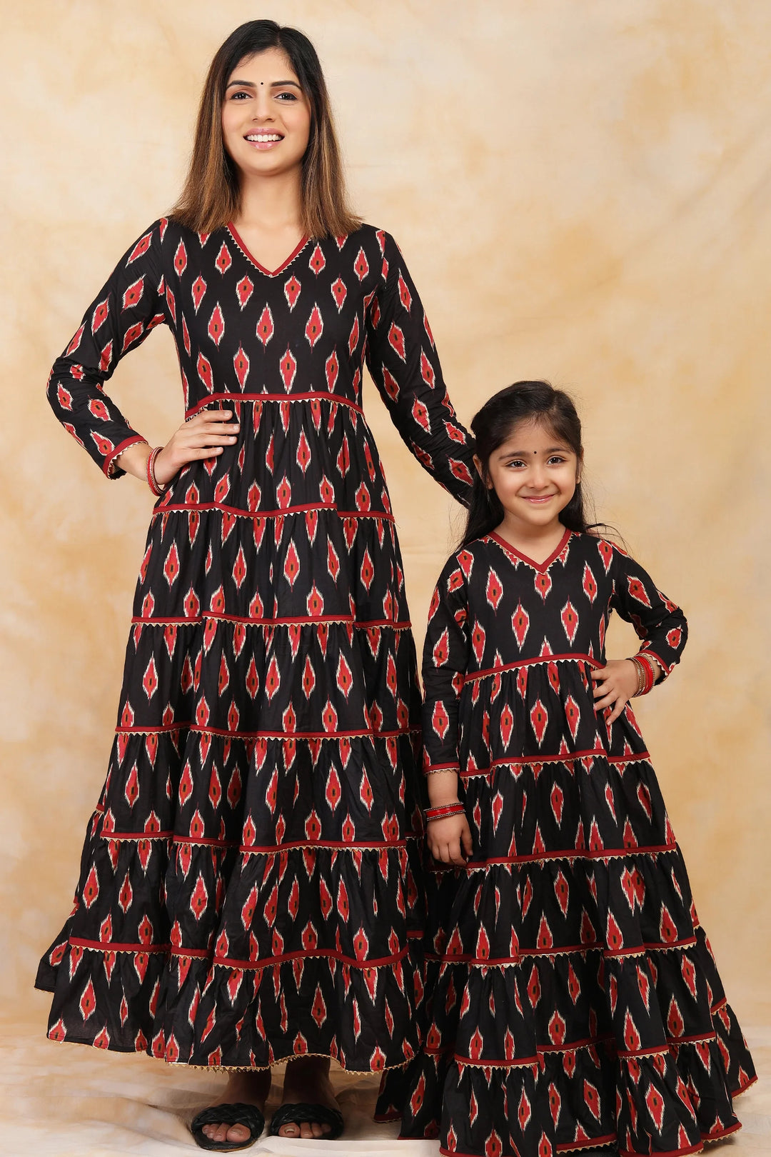 Ikkat Printed Gown Set in Black and Red for Mother and Daughter Twin
