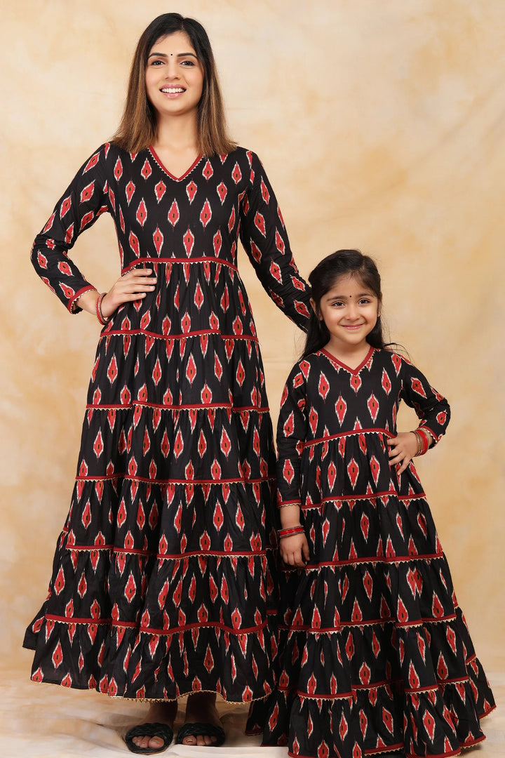 Ikkat Printed Gown Set in Black and Red for Mother and Daughter Twin