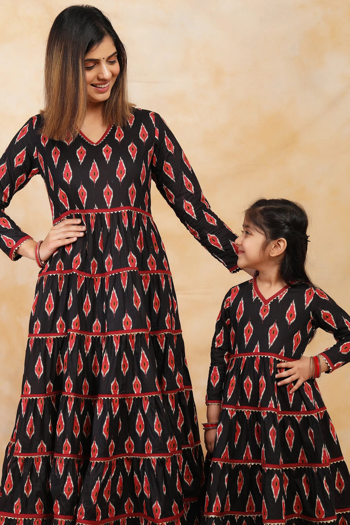 Ikkat Printed Gown Set in Black and Red for Mother and Daughter Twin