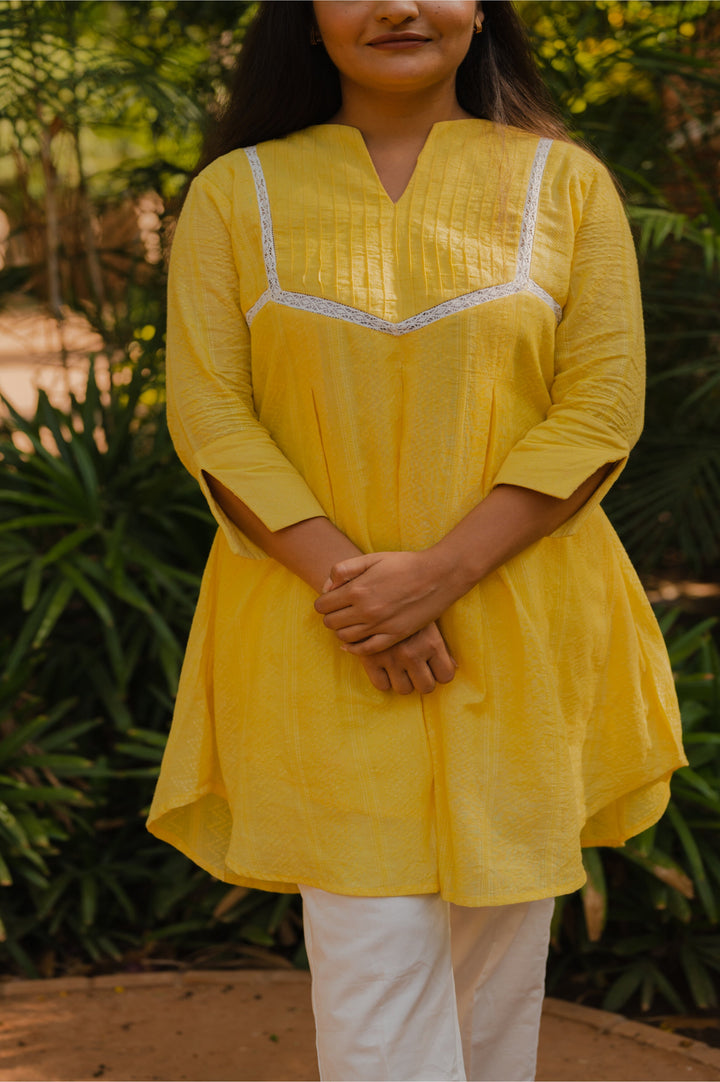 Chic Yellow & White Kurta Set | Self-Design Cotton for a Classy Look
