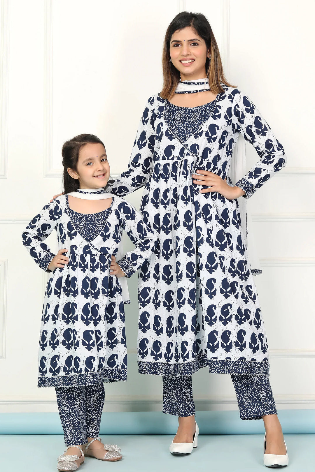 Navy and White Indigo Printed Matching Set for Mother and Daughter