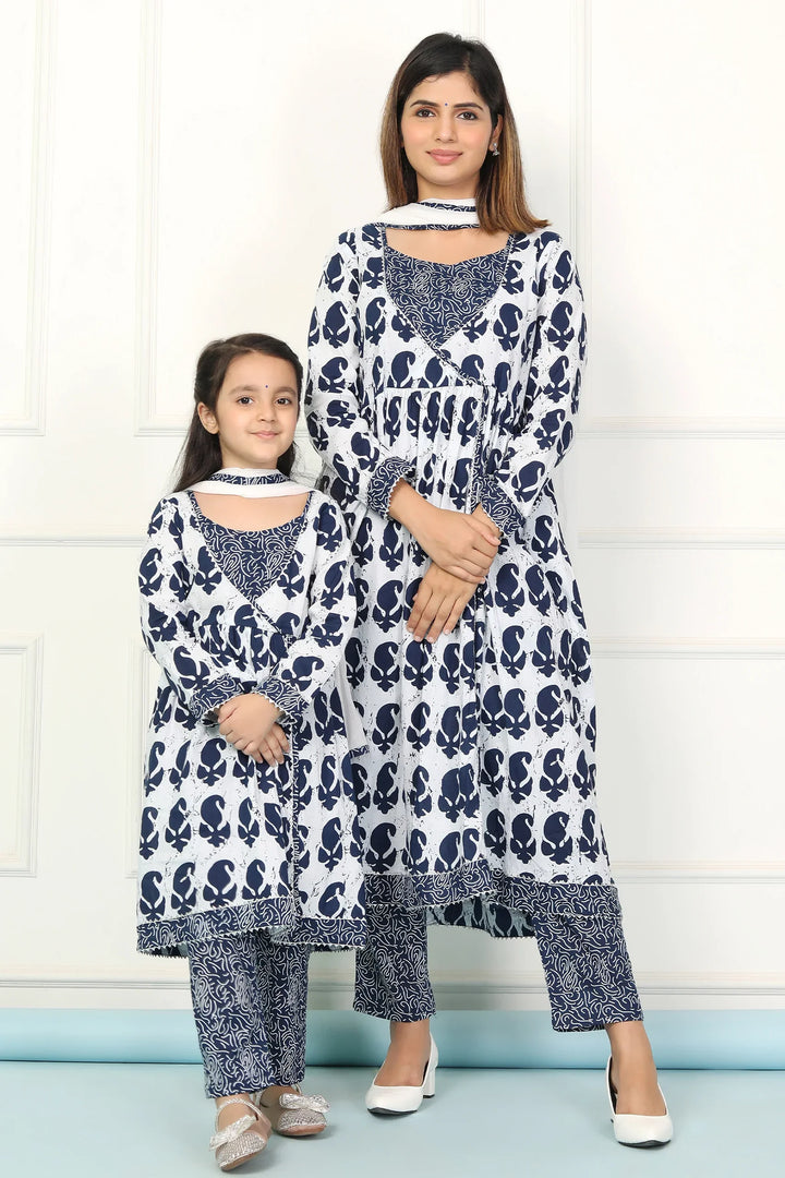 Navy and White Indigo Printed Matching Set for Mother and Daughter