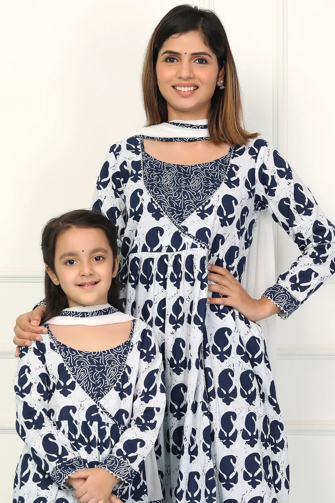 Navy and White Indigo Printed Matching Set for Mother and Daughter