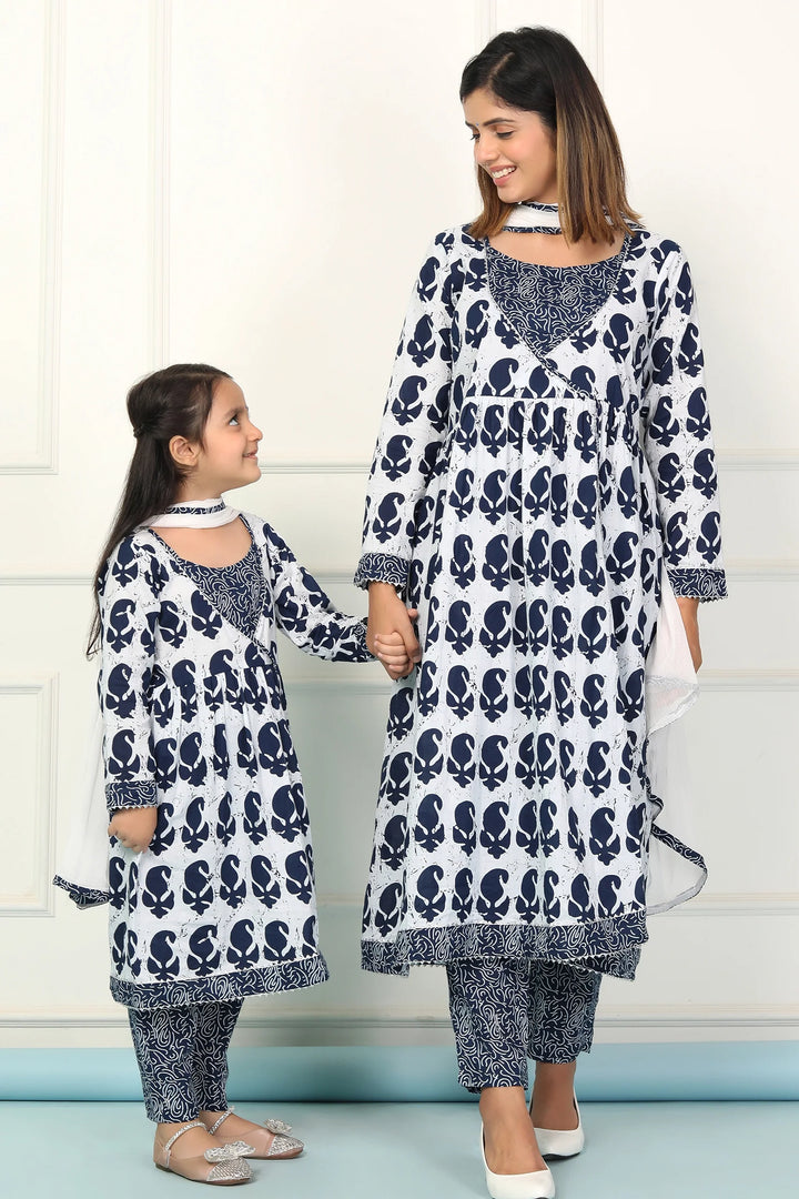 Navy and White Indigo Printed Matching Set for Mother and Daughter