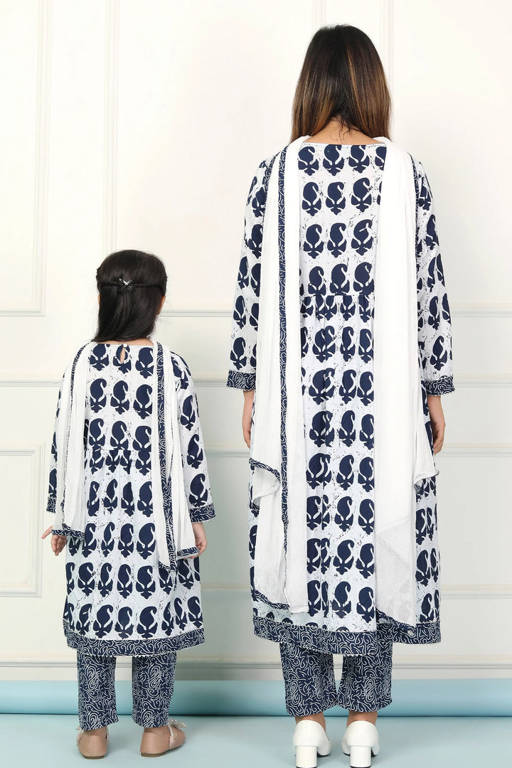 Navy and White Indigo Printed Matching Set for Mother and Daughter