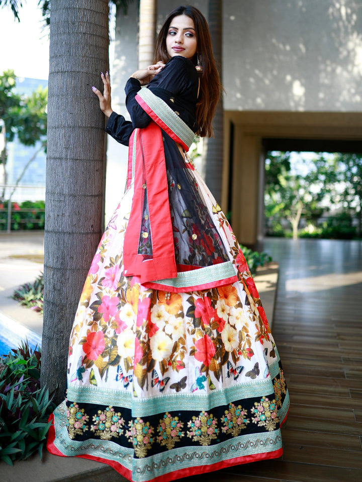 Enchanting Multi Color Floral Printed Silk Reception Wear Lehenga Choli