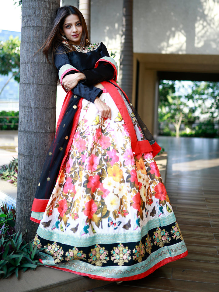 Enchanting Multi Color Floral Printed Silk Reception Wear Lehenga Choli