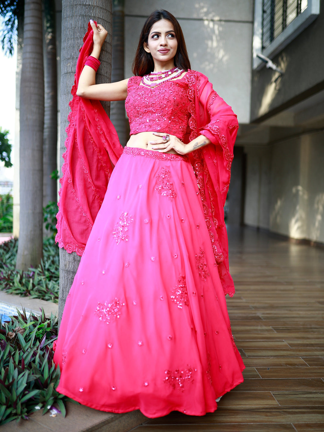 Gorgeous Pink Sequins Georgette Lehenga Choli With Dupatta