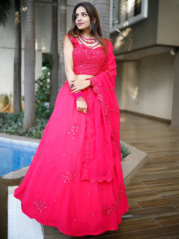 Gorgeous Pink Sequins Georgette Lehenga Choli With Dupatta