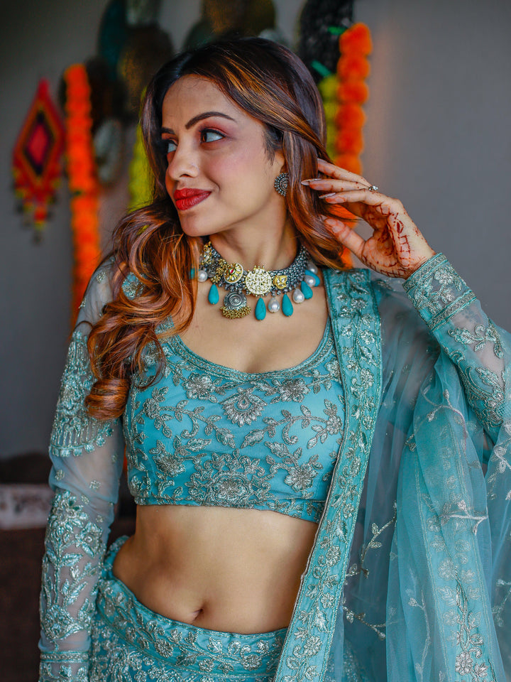 Enchanting Aqua Blue Embroidered Net Bridesmaid Lehenga Choli