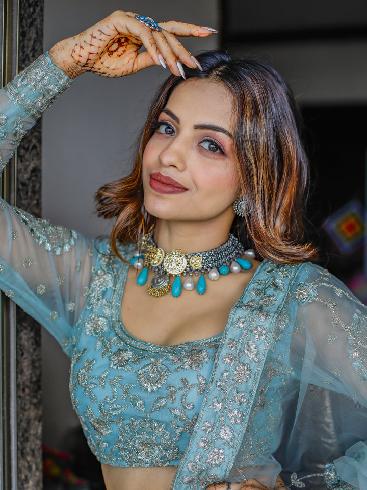 Enchanting Aqua Blue Embroidered Net Bridesmaid Lehenga Choli