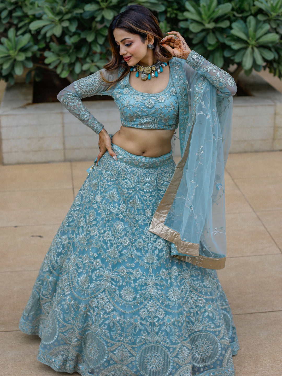 Enchanting Aqua Blue Embroidered Net Bridesmaid Lehenga Choli