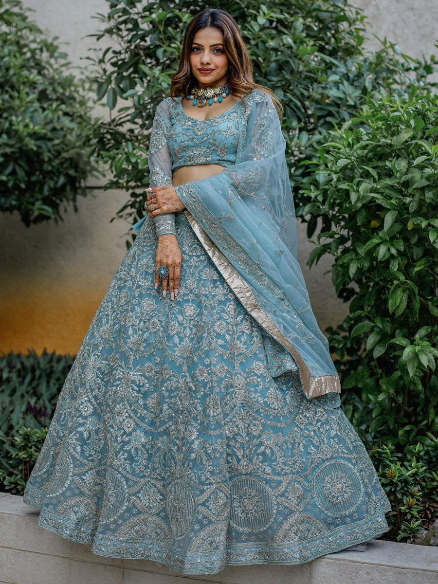 Enchanting Aqua Blue Embroidered Net Bridesmaid Lehenga Choli